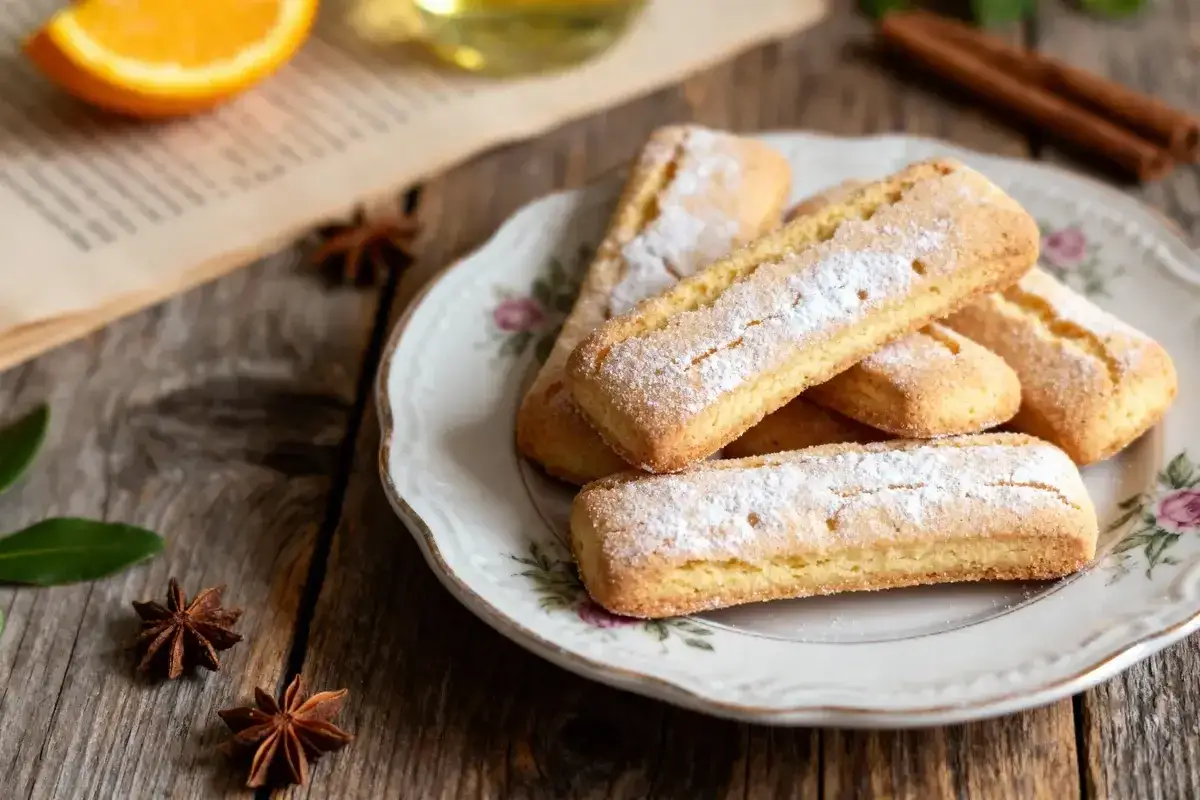 Assiette de canistrelli saupoudrés de sucre glace, prêts à être dégustés. Une invitation à la recette parfaite.