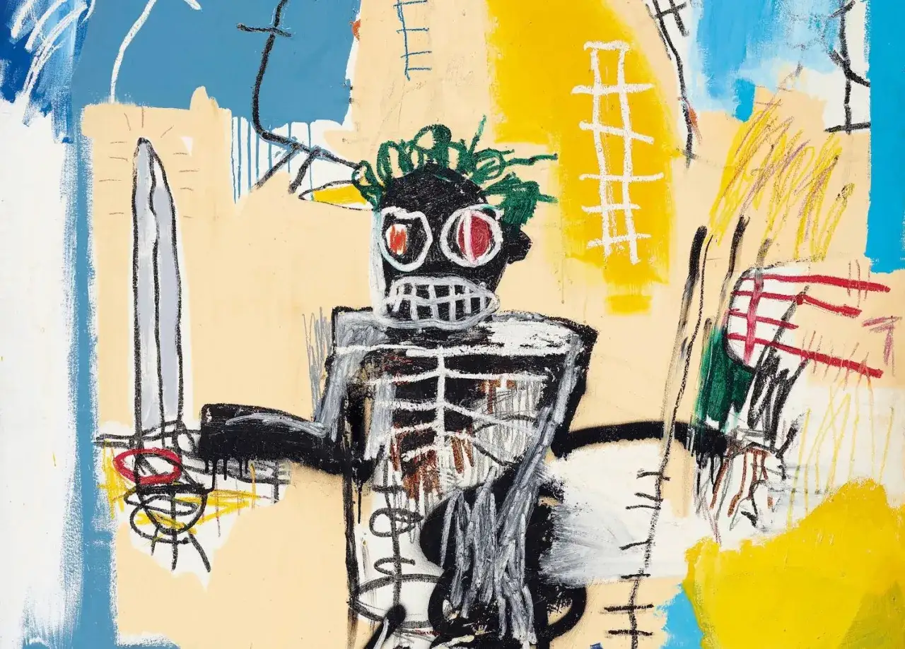 A skeletal warrior, a Basquiat masterpiece, stands ready with a sword. His eyes are red, his hair green, and his body a canvas of raw energy.
