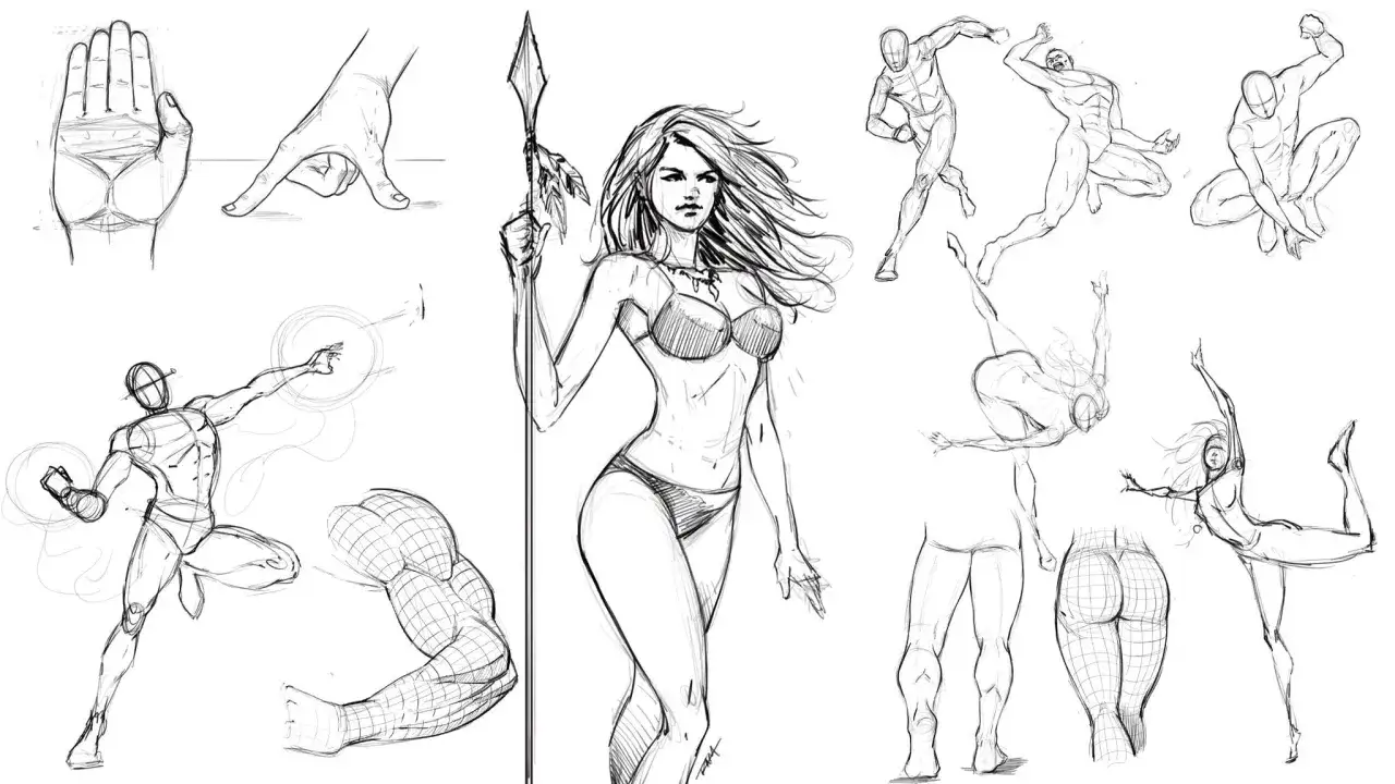Croquis de pose dessin femme, guerrière avec lance, études anatomiques de mains, bras, jambes et figures masculines en mouvement.