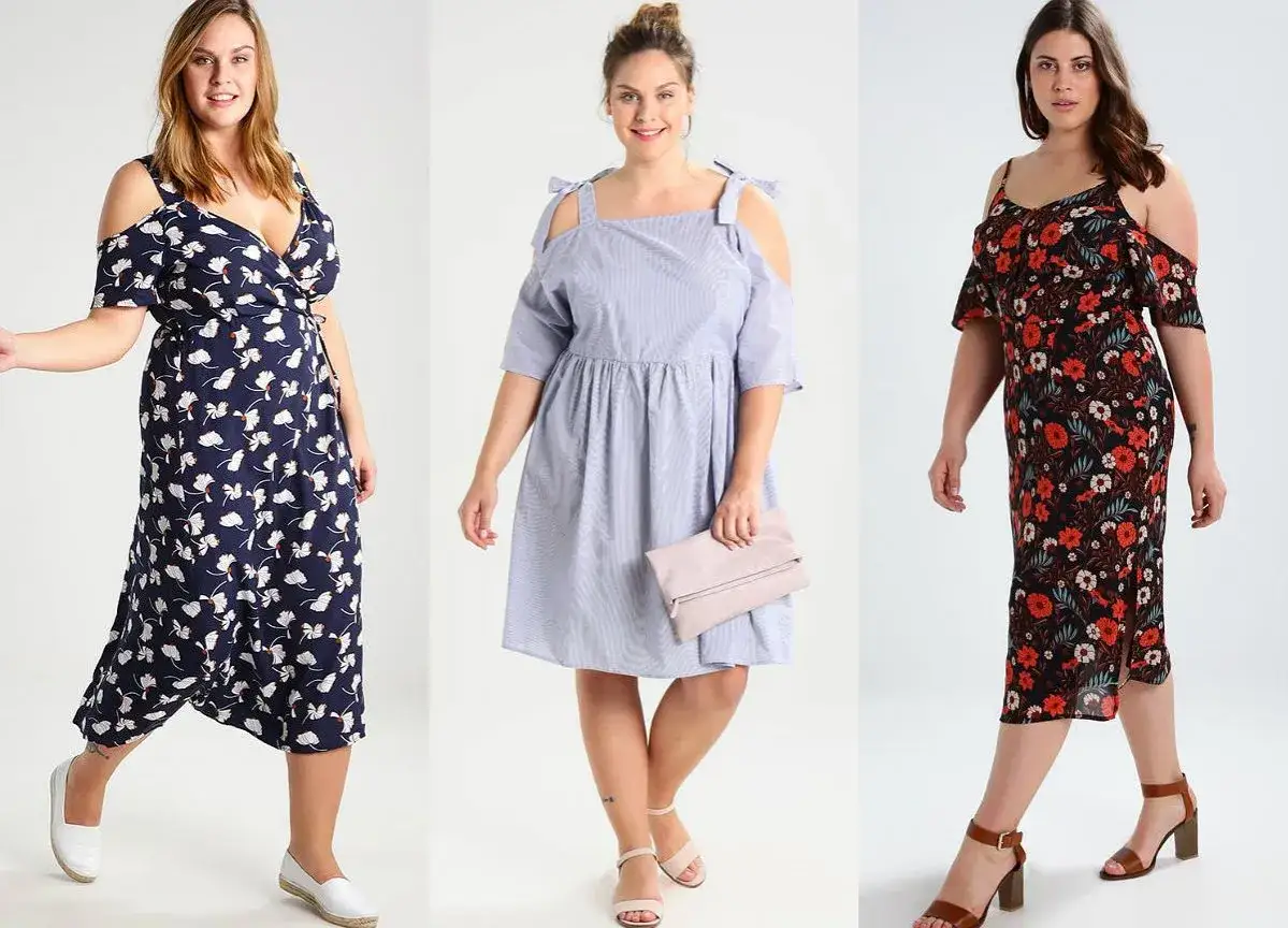 Trzy kobiety prezentują modne sukienki plus size z odkrytymi ramionami. Wzory kwiatowe i paski dodają uroku.