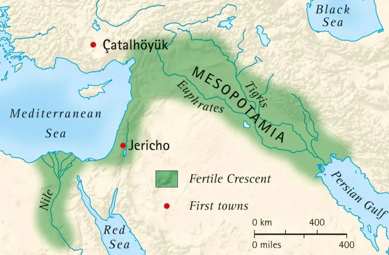 Mappa della Mezzaluna Fertile, dove è stata inventata la birra. Mostra Mesopotamia, Egitto, Mar Mediterraneo e Mar Rosso.