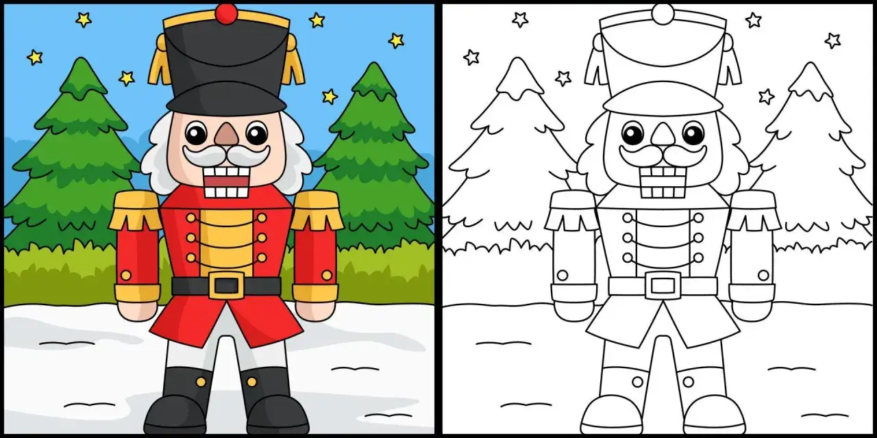Un cascanueces para colorear, listo para la Navidad, con árboles nevados y estrellas en el cielo.