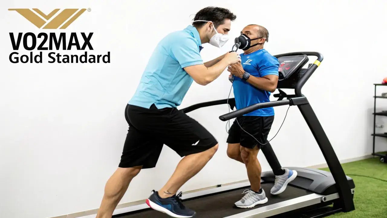 Mężczyzna biegnie na bieżni podczas testu VO2max, podczas gdy trener monitoruje jego parametry.
