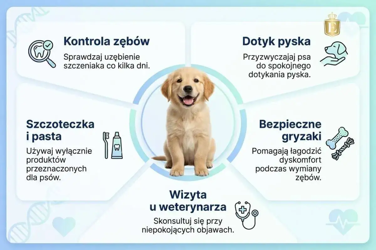 Szczeniak golden retrievera, ilustracje o higienie jamy ustnej psa. Dowiedz się, ile zębów ma pies i jak o nie dbać.
