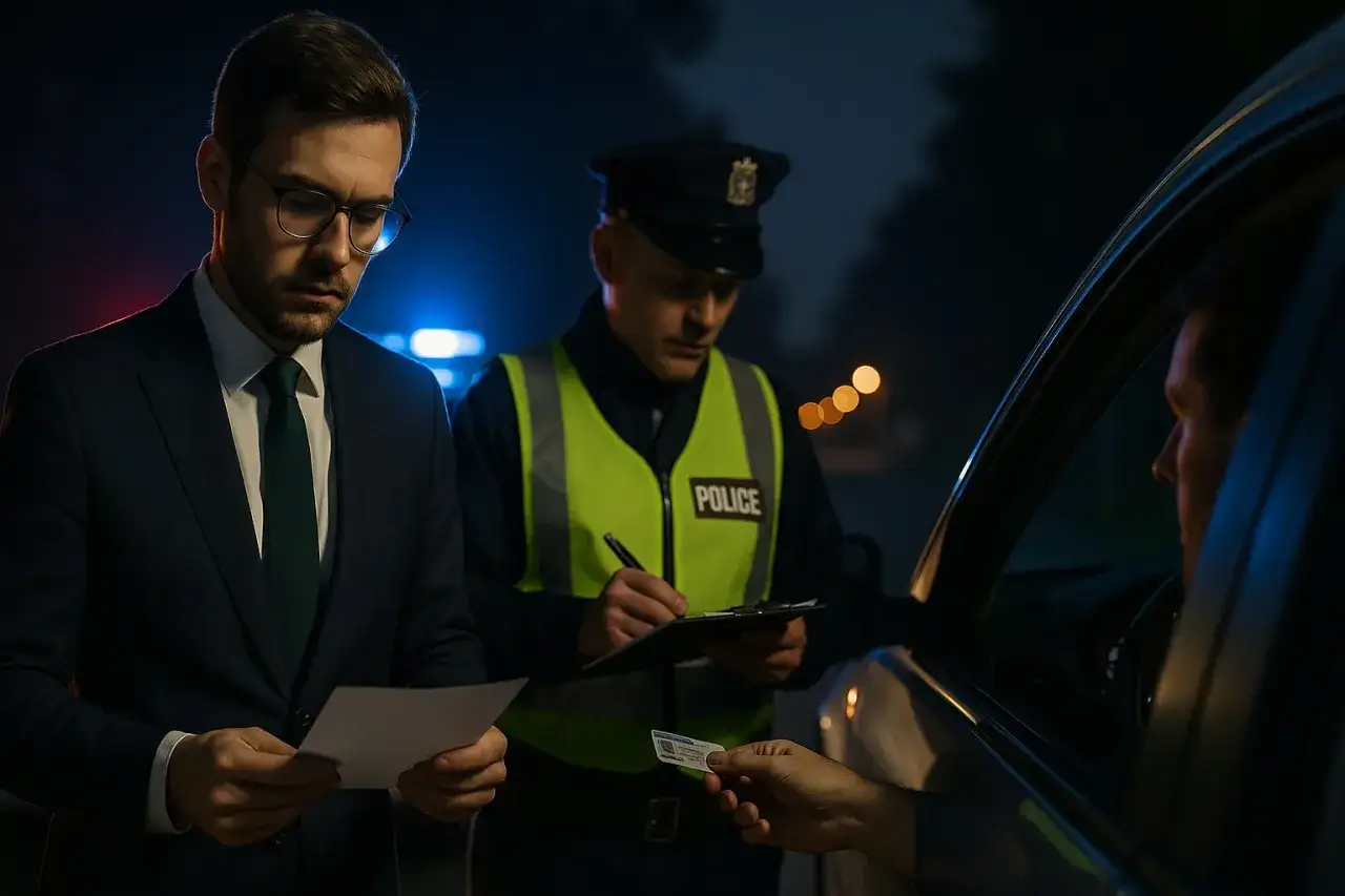 Policjant spisuje mandat za brak przeglądu. Kierowca podaje dokumenty, a funkcjonariusz w kamizelce odblaskowej notuje dane.