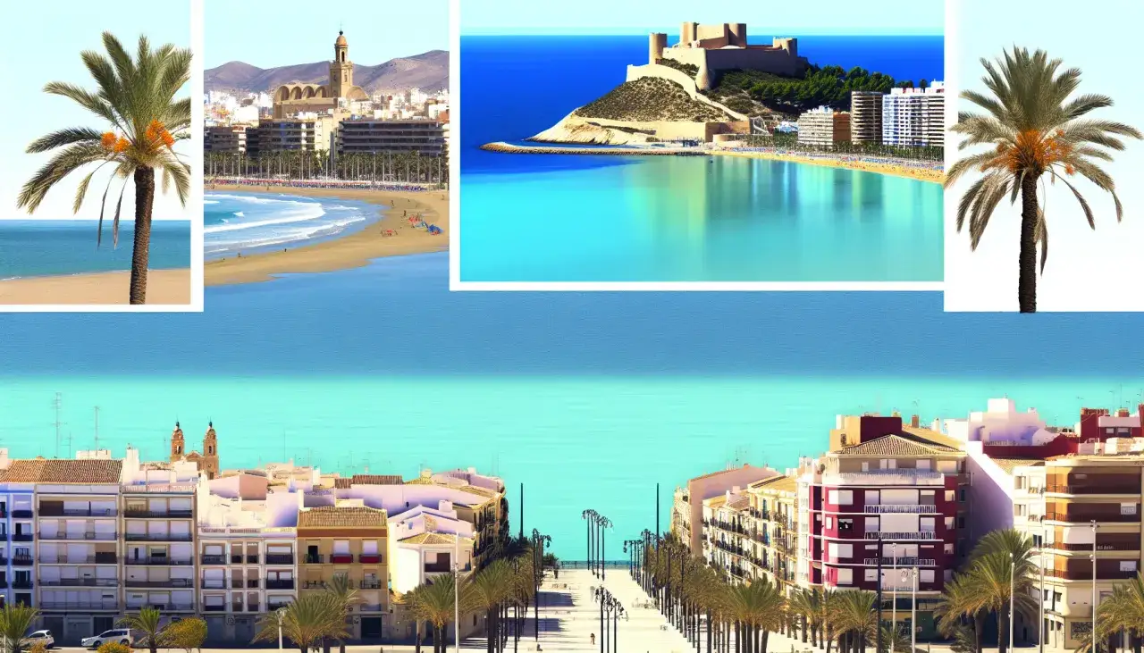 Widok na plaże i miasto w Alicante, z palmami i zamkiem na wzgórzu. Czy w Alicante jest bezpiecznie? Tak, to popularny i bezpieczny kurort.