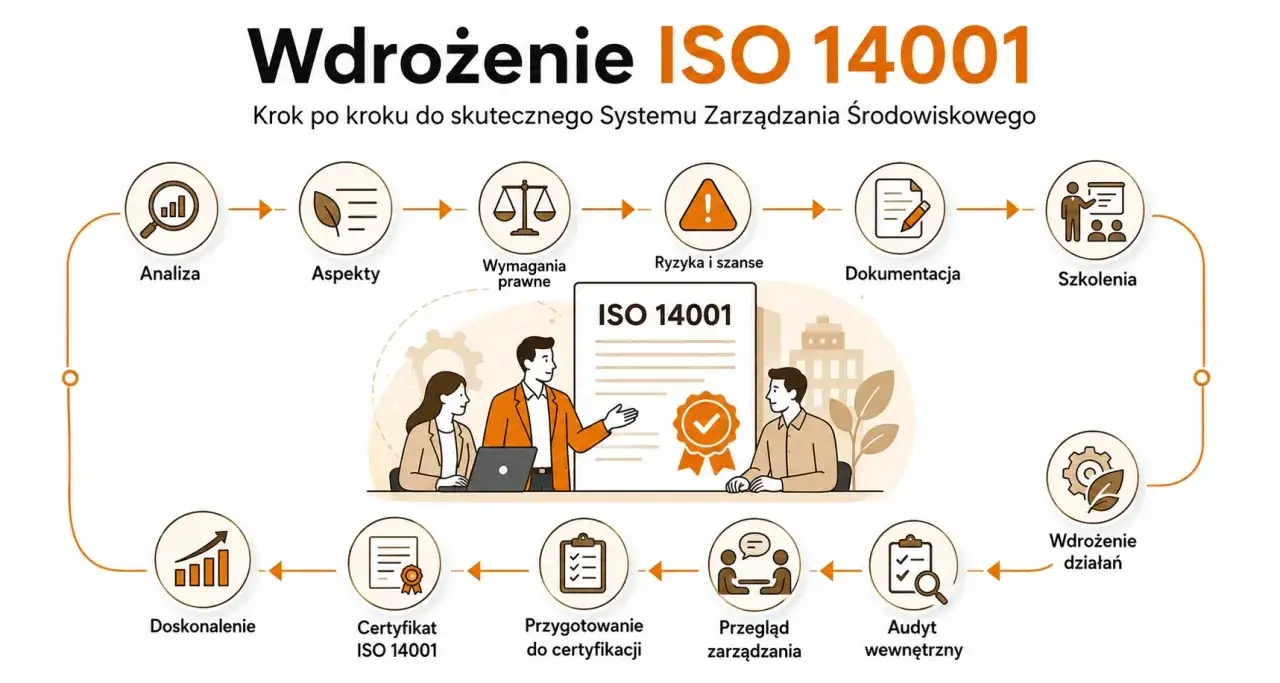 Schemat wdrażania ISO 14001: analiza, aspekty, wymagania prawne, ryzyka, dokumentacja, szkolenia, wdrożenie działań, audyt, przegląd, przygotowanie do certyfikacji, certyfikat, doskonalenie.