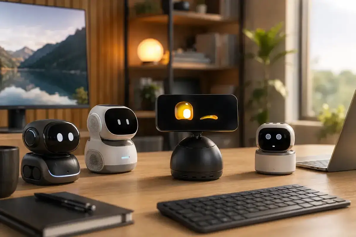 Cztery roboty AI na biurku, jeden z ekranem pokazującym emocje, jakby doświadczał halucynacji AI.