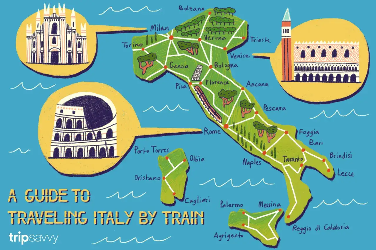 Map showing train routes across Italy, highlighting cities like Rome, Naples, and Bari. Learn how to get to Puglia by train, exploring the boot's heel.