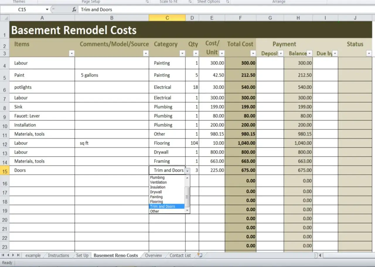 Spreadsheet detailing basement remodel costs, including items like paint, plumbing, and doors, with columns for quantity, cost, and payment.