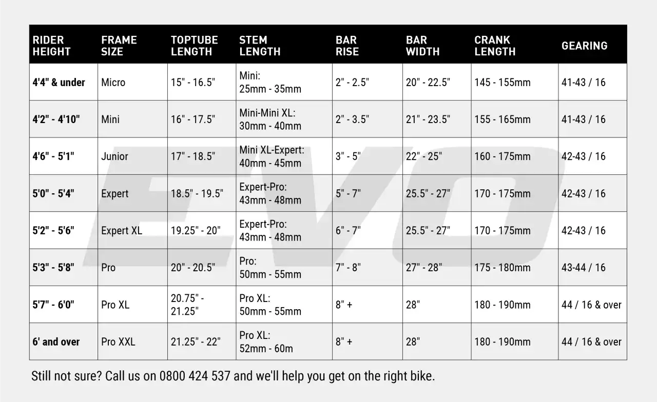 Cyclocross bike sizing chart by rider height, frame size, toptube, stem, bar rise, bar width, crank length, and gearing.