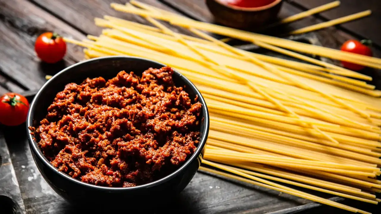 Un tazón de carne para espaguetis a la boloñesa junto a pasta cruda y tomates.