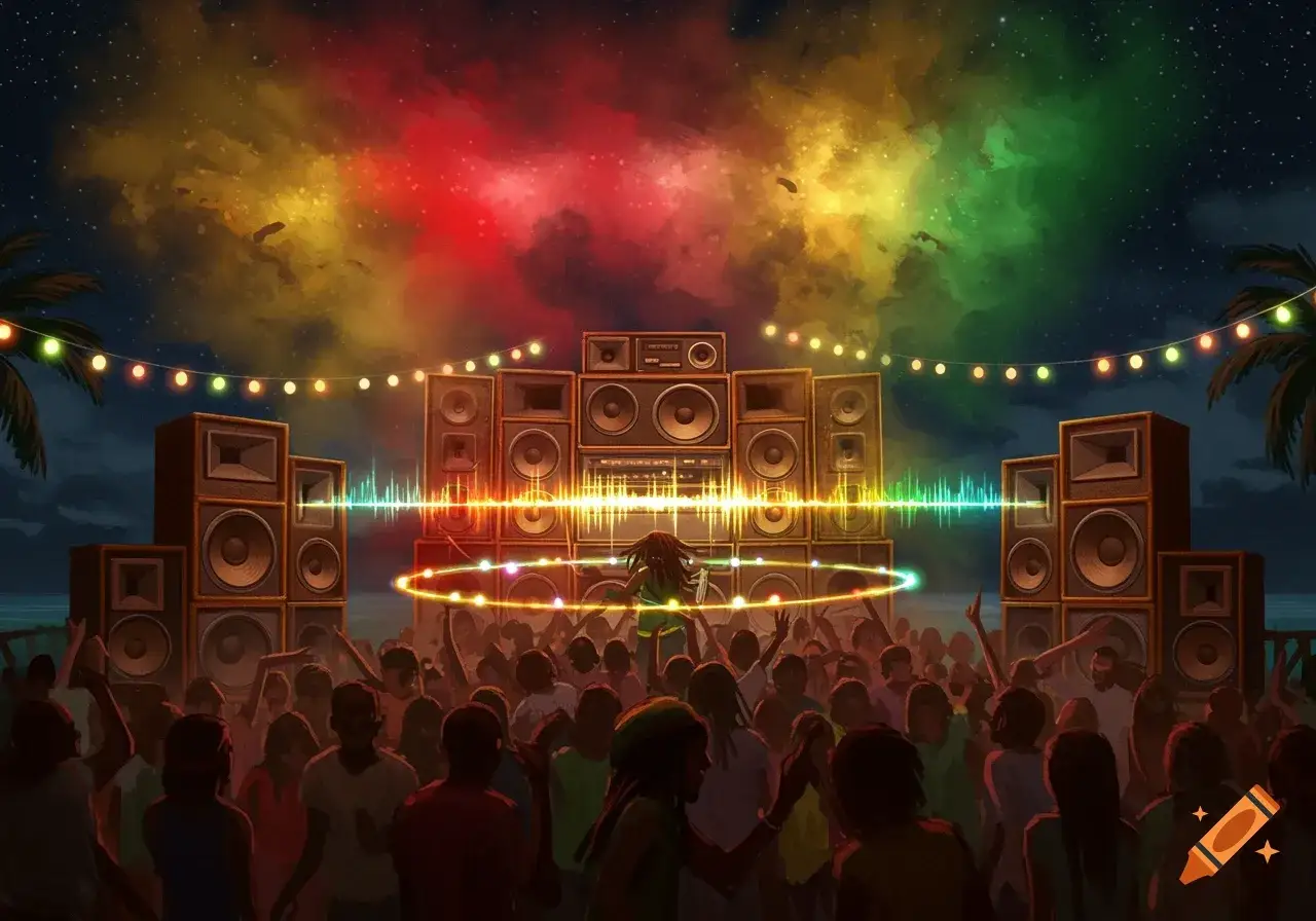 Un rave party in Francia con un DJ che suona davanti a una folla danzante, altoparlanti giganti e luci colorate sotto un cielo stellato.
