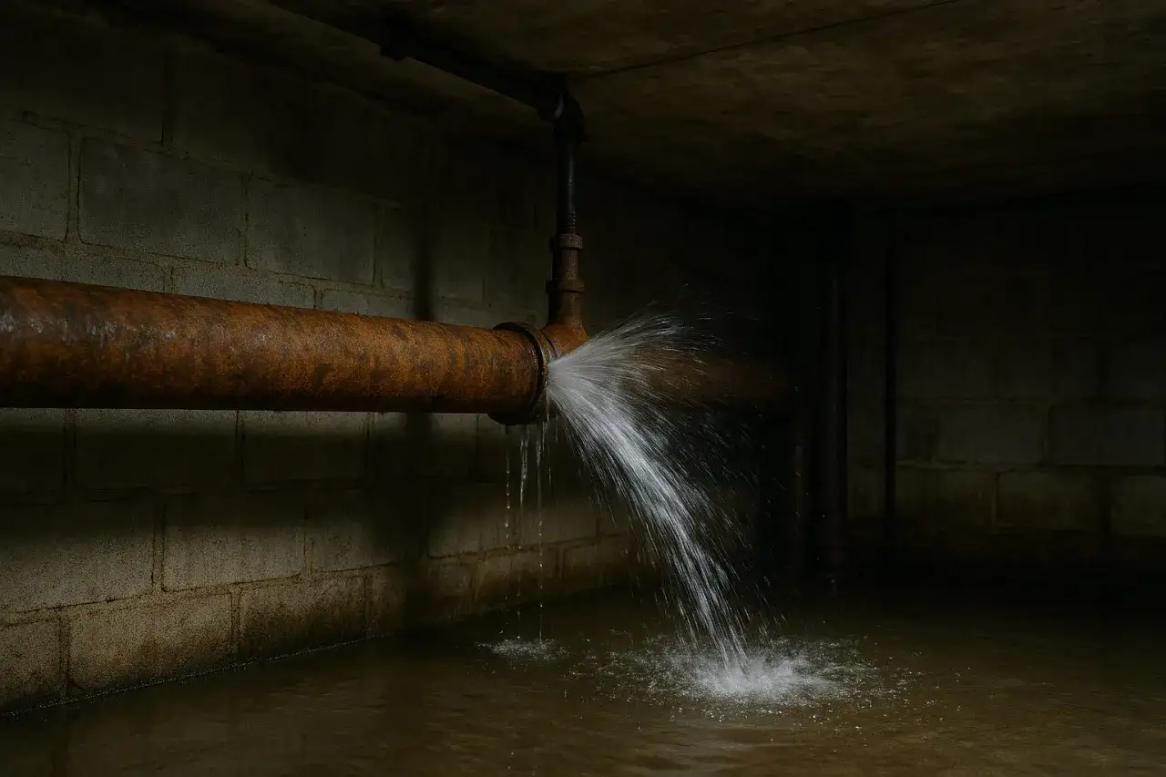 Ein rostiges Rohr bricht und spritzt Wasser auf den Boden. Was tun bei Rohrbruch?