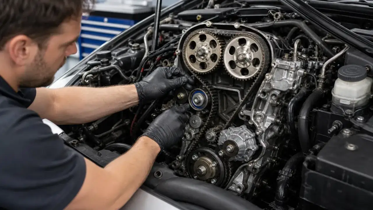 Mechanik w czarnych rękawiczkach pracuje przy silniku, wymieniając pasek rozrządu. Czas pracy zależy od modelu auta, ale warto wiedzieć, ile trwa wymiana rozrządu.