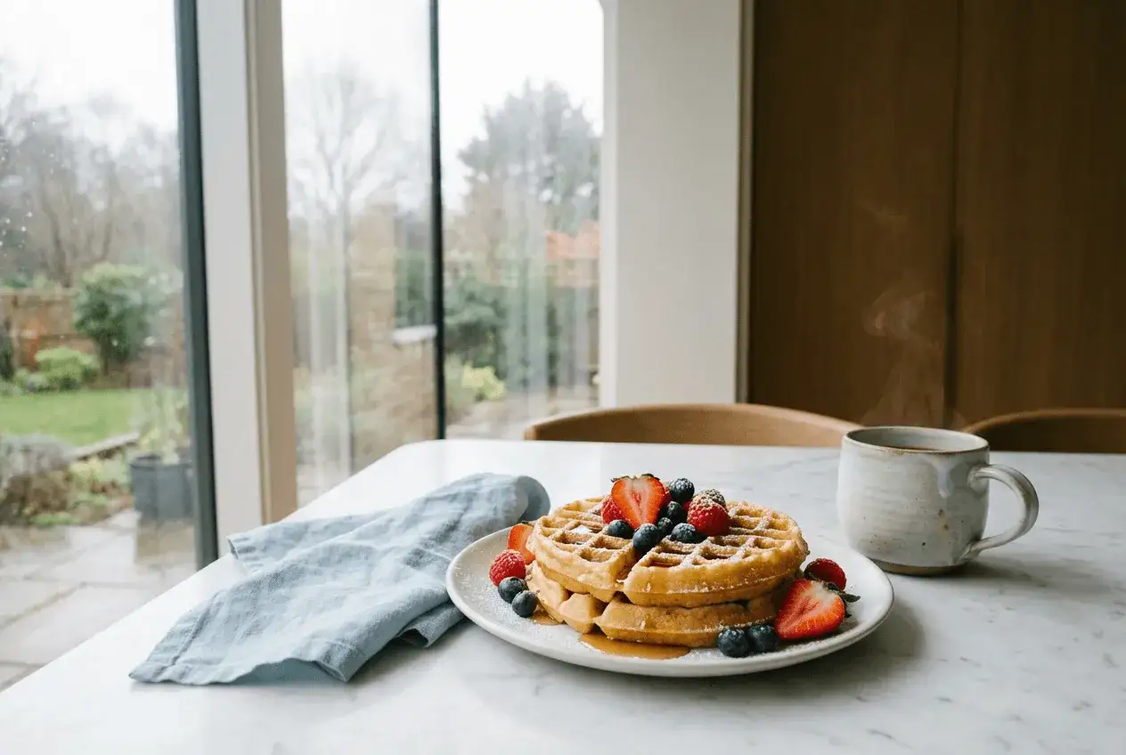 Une photo culinaire d'une pile de gaufres garnies de fruits rouges et de bleuets, avec une tasse de café fumant à côté.