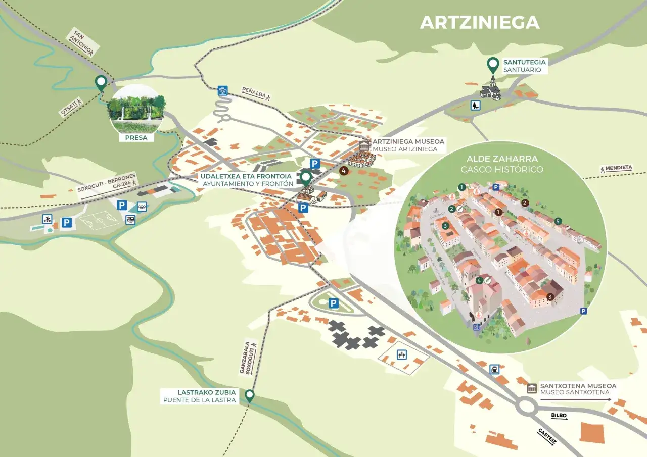 Mapa de **artziniega como llegar**, mostrando el casco hist&oacute;rico, el museo, el santuario y puntos de inter&eacute;s.