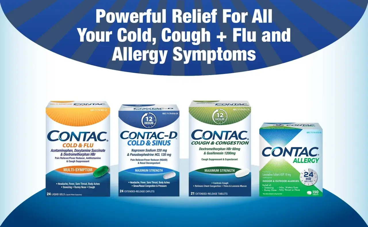 Tabletki na katar Contac: Cold & Flu, Cold & Sinus, Cough & Congestion, Allergy. Pomoc w objawach przeziębienia, grypy i alergii.