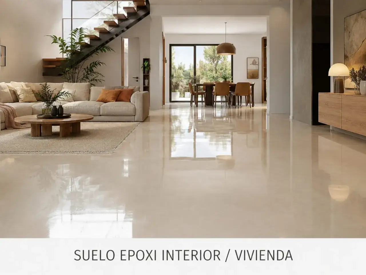 Luminoso sal&oacute;n moderno con suelo resina epoxi vivienda, sof&aacute; beige, mesa de centro de madera y comedor al fondo.