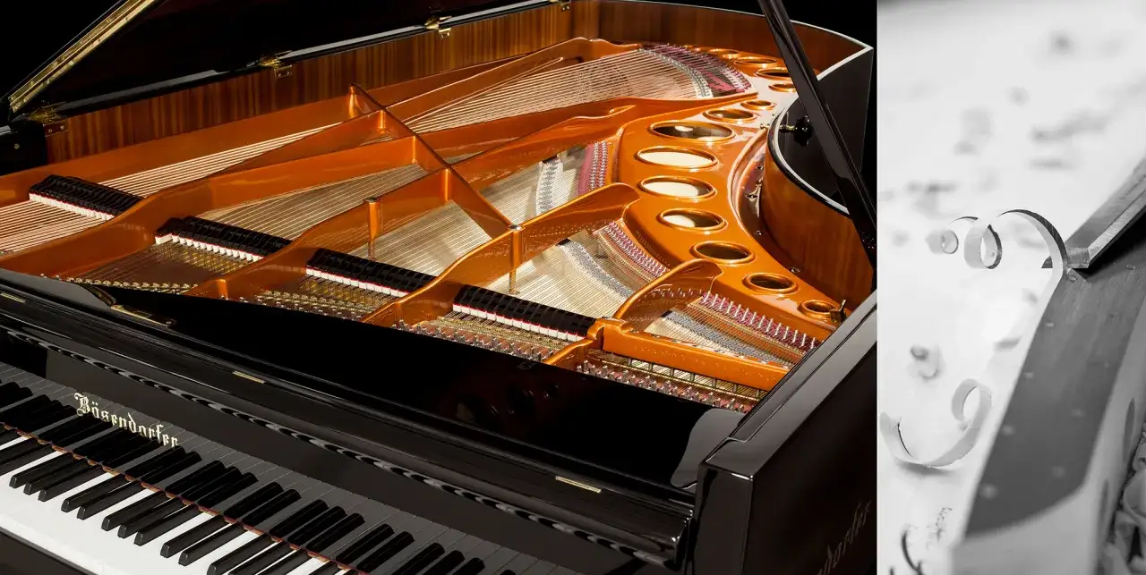 Wnętrze fortepianu Bösendorfer z widocznymi strunami i młoteczkami. Po co są pedały w pianinie? Pozwalają na wydłużenie wybrzmiewania dźwięków.