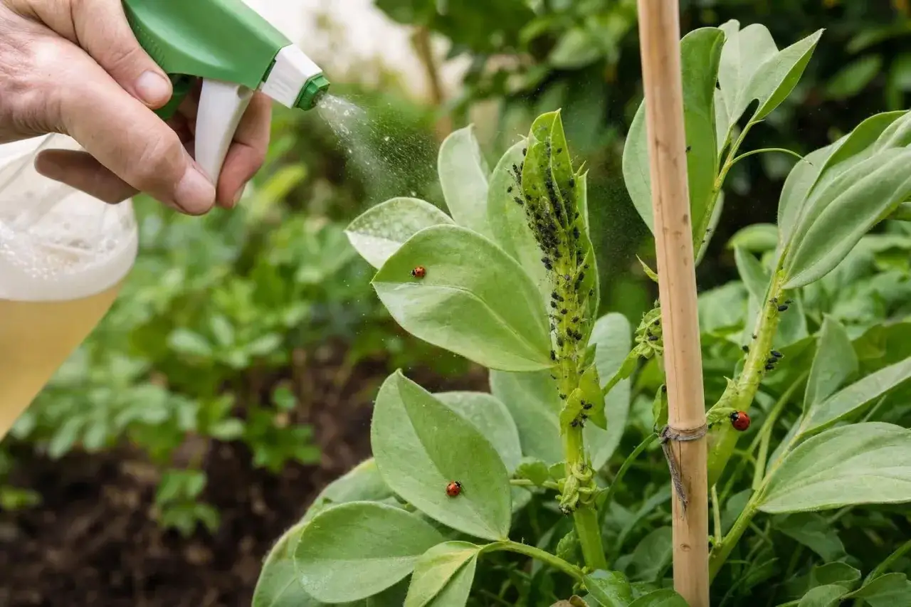 Traitement d'une plante envahie par des pucerons noirs. Une main pulvérise un liquide sur les feuilles, tandis que des coccinelles observent la scène.
