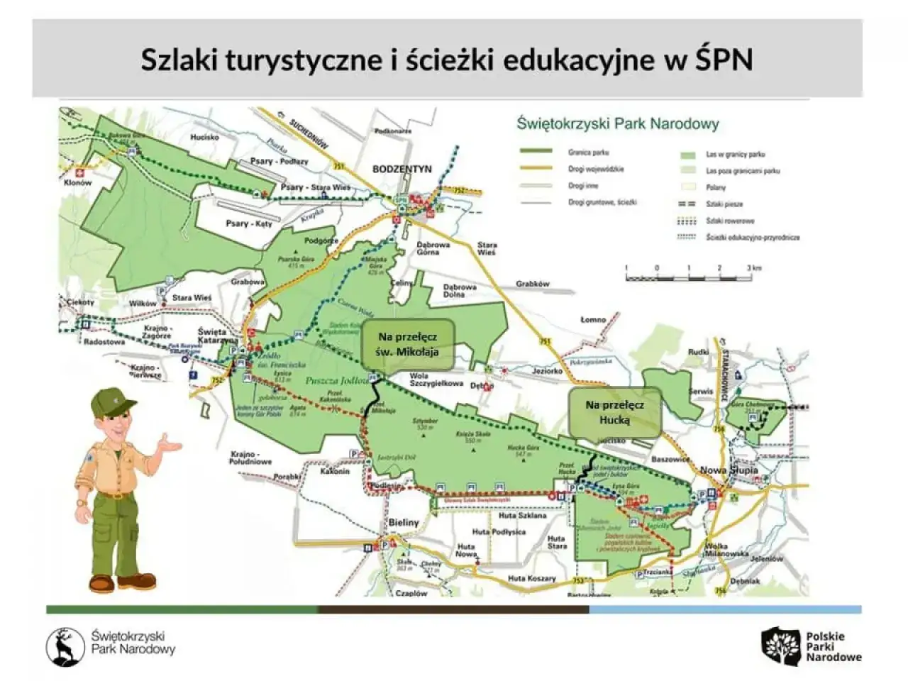 Mapa szlaków turystycznych i ścieżek edukacyjnych w Świętokrzyskim Parku Narodowym. Nowa Słupia i Święty Krzyż na trasie.