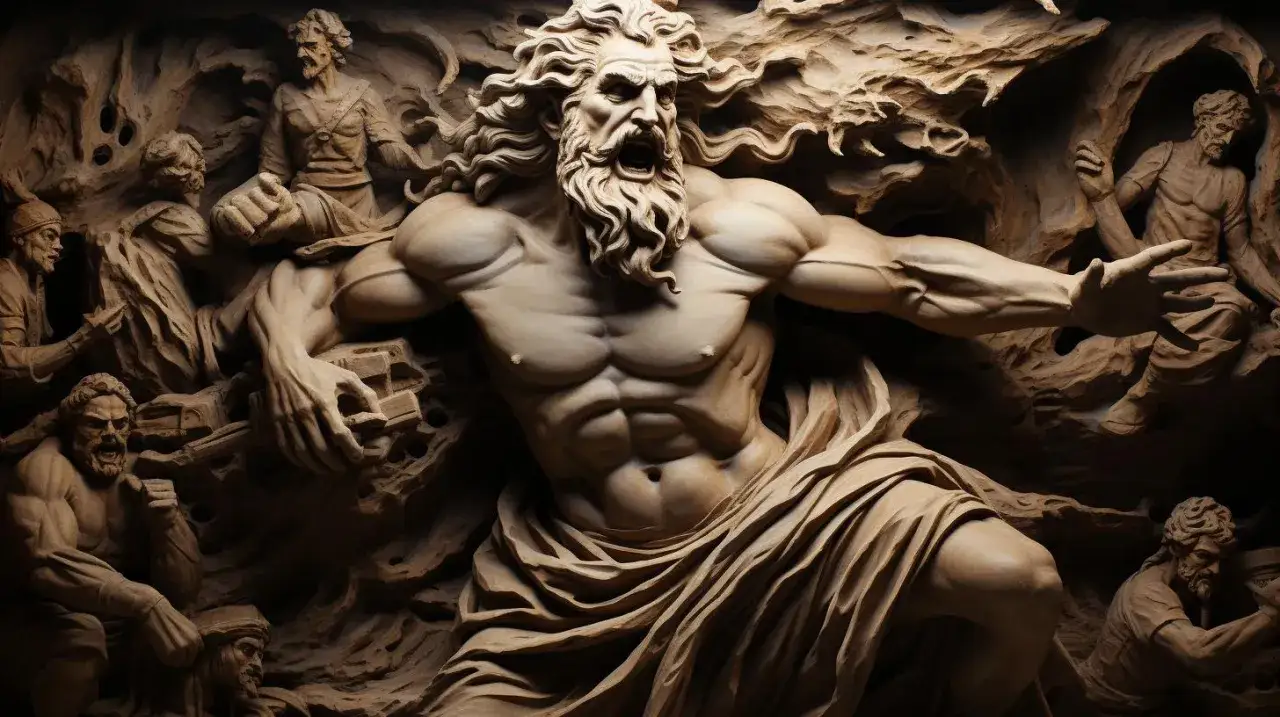 Sculpture en bois représentant la force de qui est Héraclès, entouré de figures humaines dans un décor rocheux.