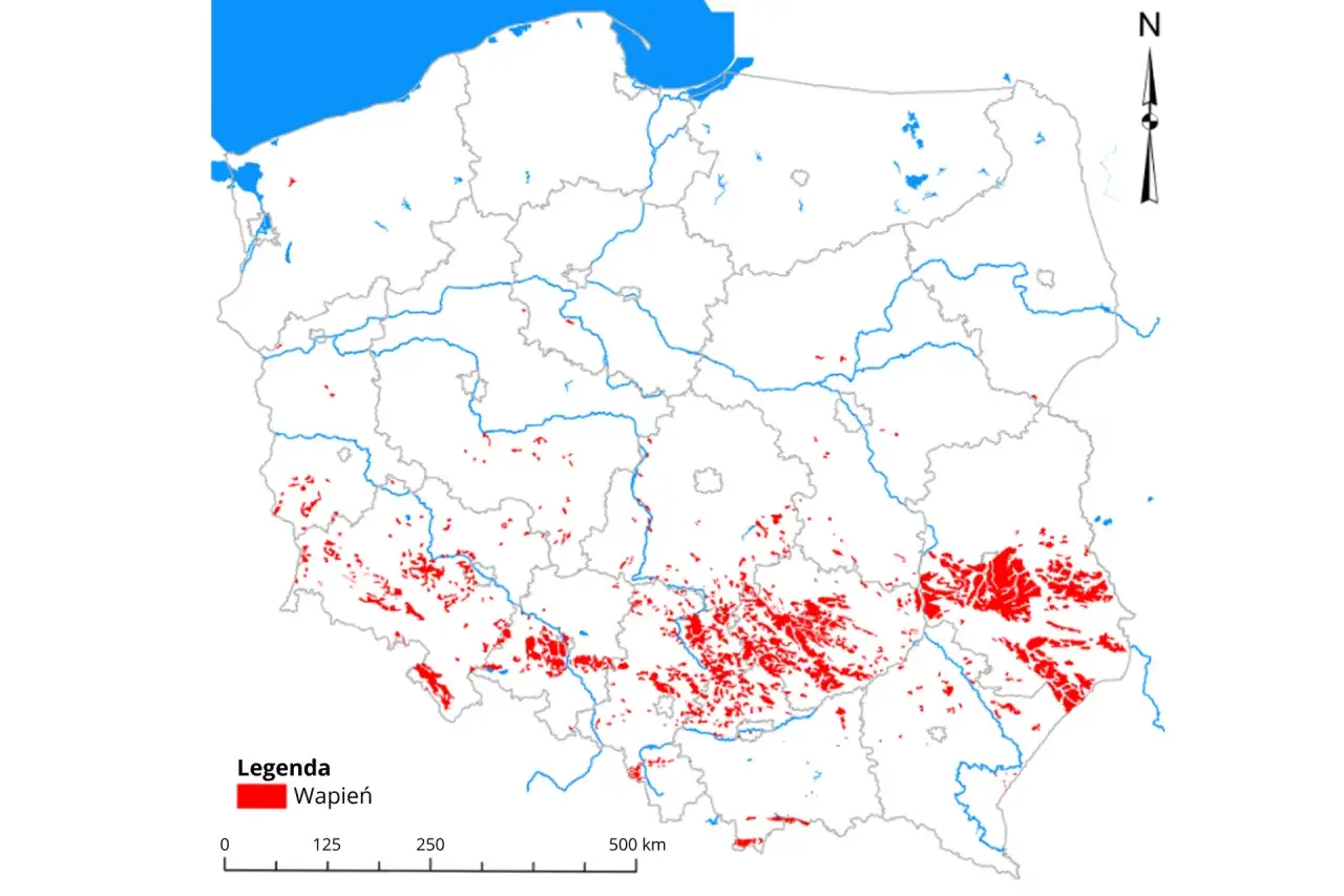 Mapa Polski z zaznaczonymi obszarami wapiennymi, gdzie mogą występować jezioro krasowe.