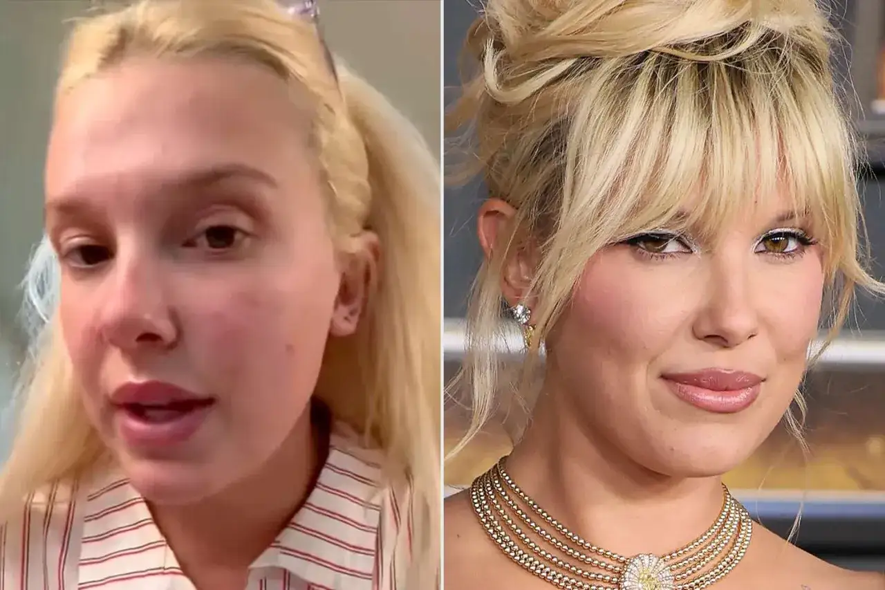 Millie Bobby Brown bez makijażu po lewej, w pełnym blasku po prawej.