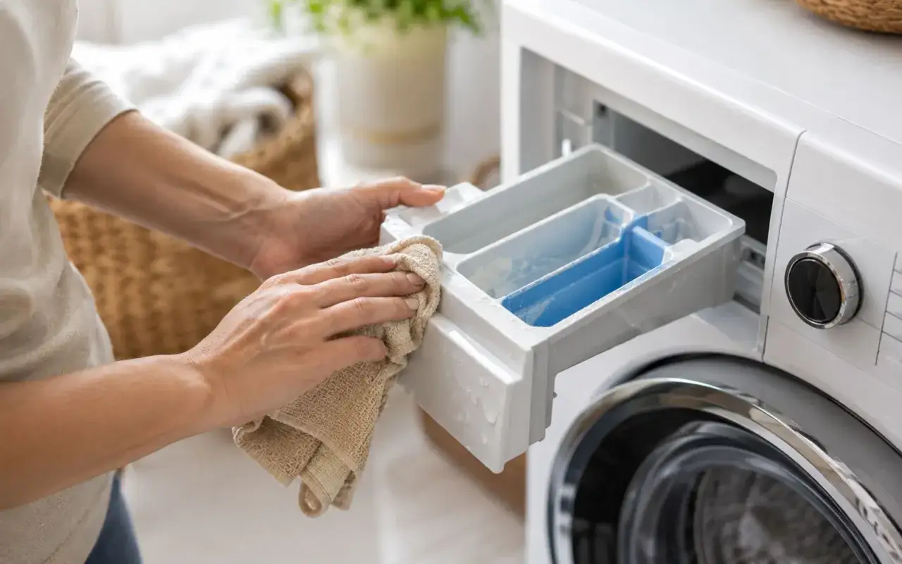 Eine Hand wischt mit einem Tuch das Waschmittelfach der Waschmaschine sauber. So wird die Waschmaschine entkalkt und bleibt funktionstüchtig.