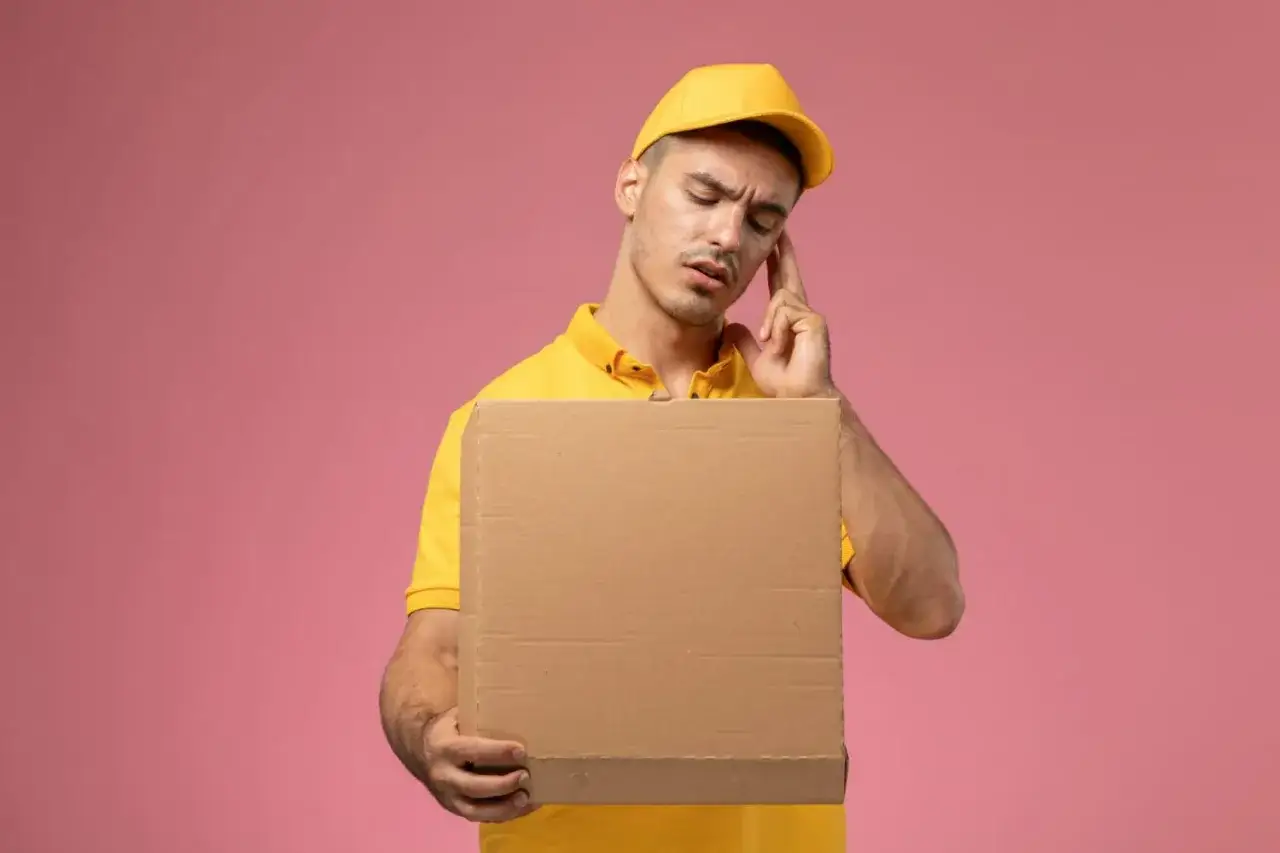 Zamyślony kurier InPost z paczką zastanawia się, ile zarabia kurier InPost.