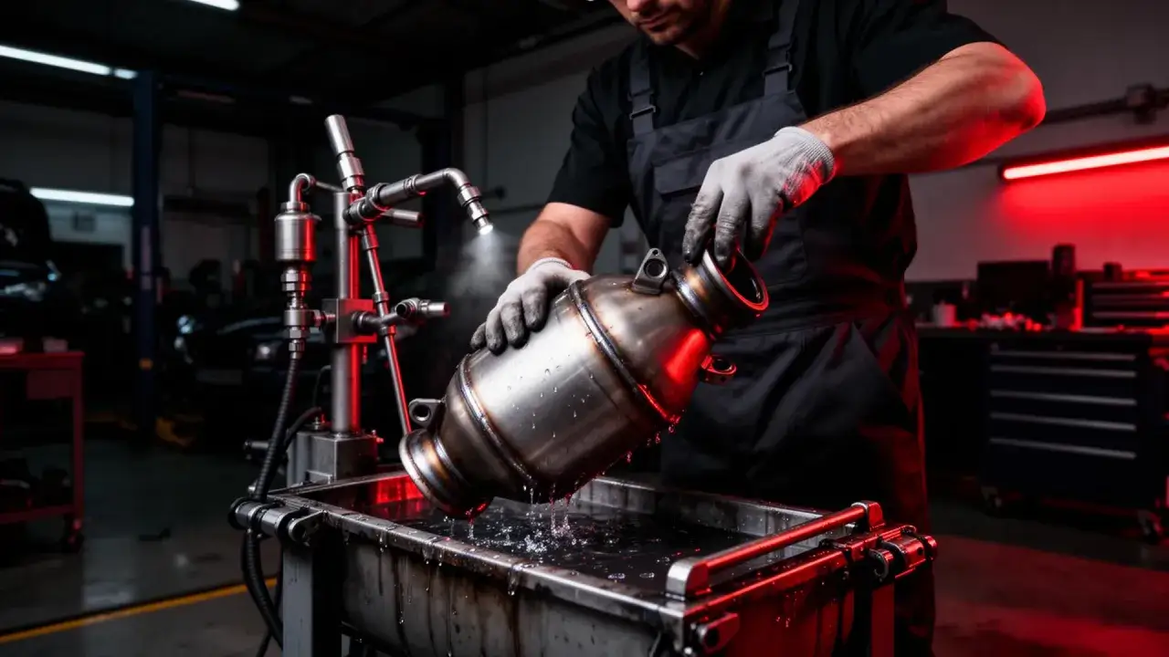 Mechanik czyści zapchany FAP 1.6 HDI. Objawy problemów z filtrem DPF mogą być różne, ale czyszczenie to jeden ze sposobów rozwiązania.
