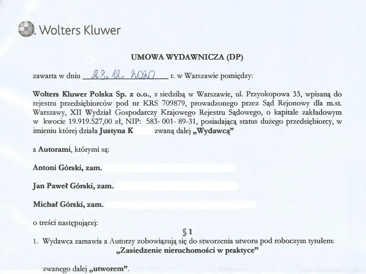 Umowa wydawnicza Wolters Kluwer z autorami, w tym o zasiedzenie nieruchomości.