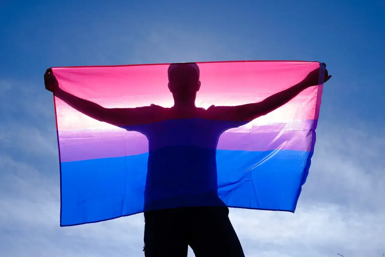 Sylwetka osoby trzyma flagę biseksualną na tle nieba. To symbol akceptacji i zrozumienia dla różnorodności, a nie dowód na konkretne przyczyny biseksualizmu.