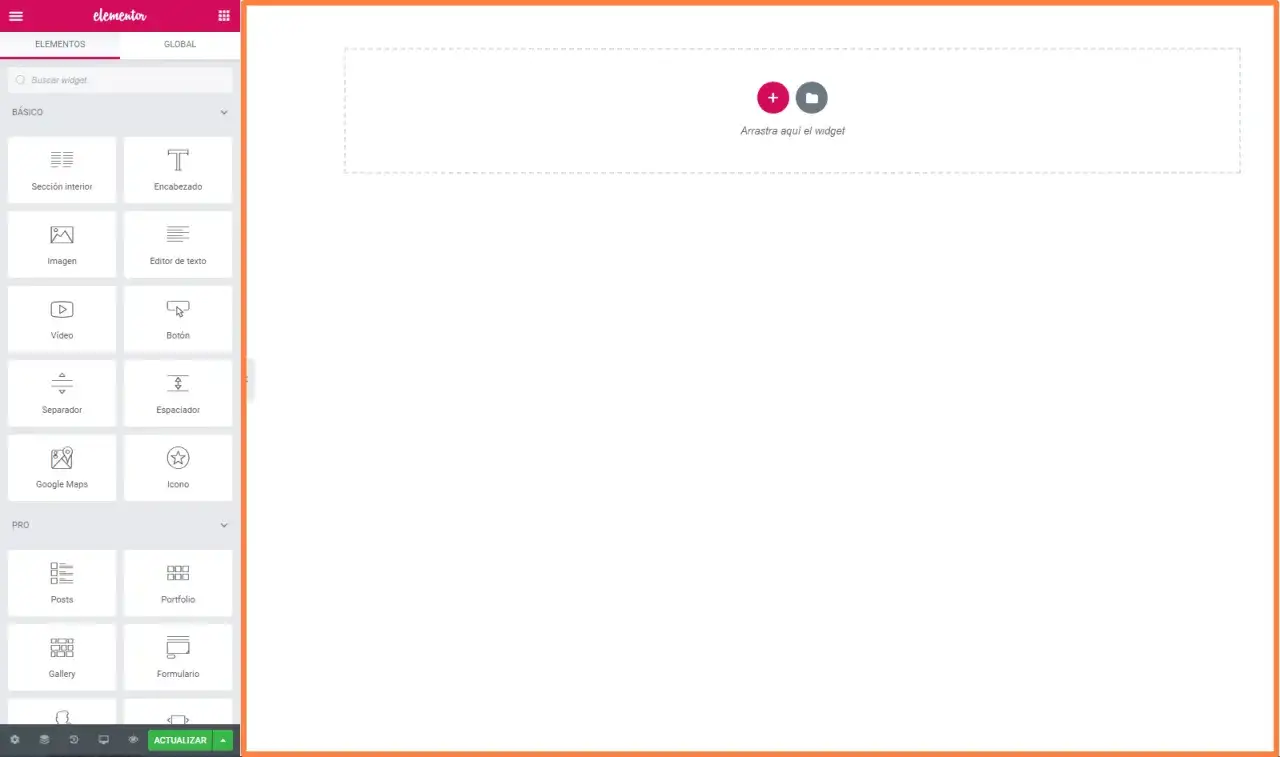 Panel de Elementor para WordPress. Muestra widgets b&aacute;sicos como 