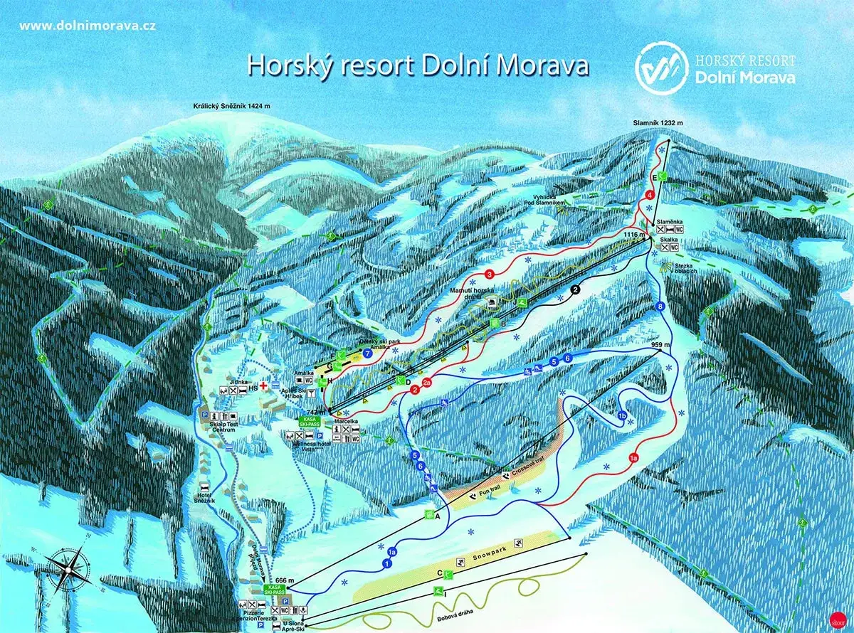 Mapa ośrodka narciarskiego Doln&iacute; Morava, idealne miejsce, gdzie na narty w Czechach. Znajdziesz tu trasy, wyciągi i atrakcje.