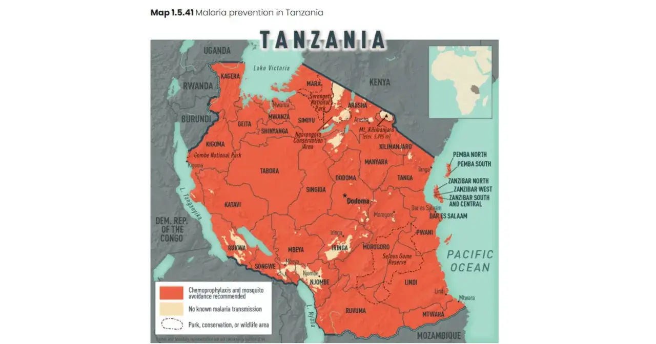 Mapa Tanzanii: obszary z zaleceniami dotyczącymi **szczepień** przeciw malarii i profilaktyki. Czerwone obszary wymagają profilaktyki.