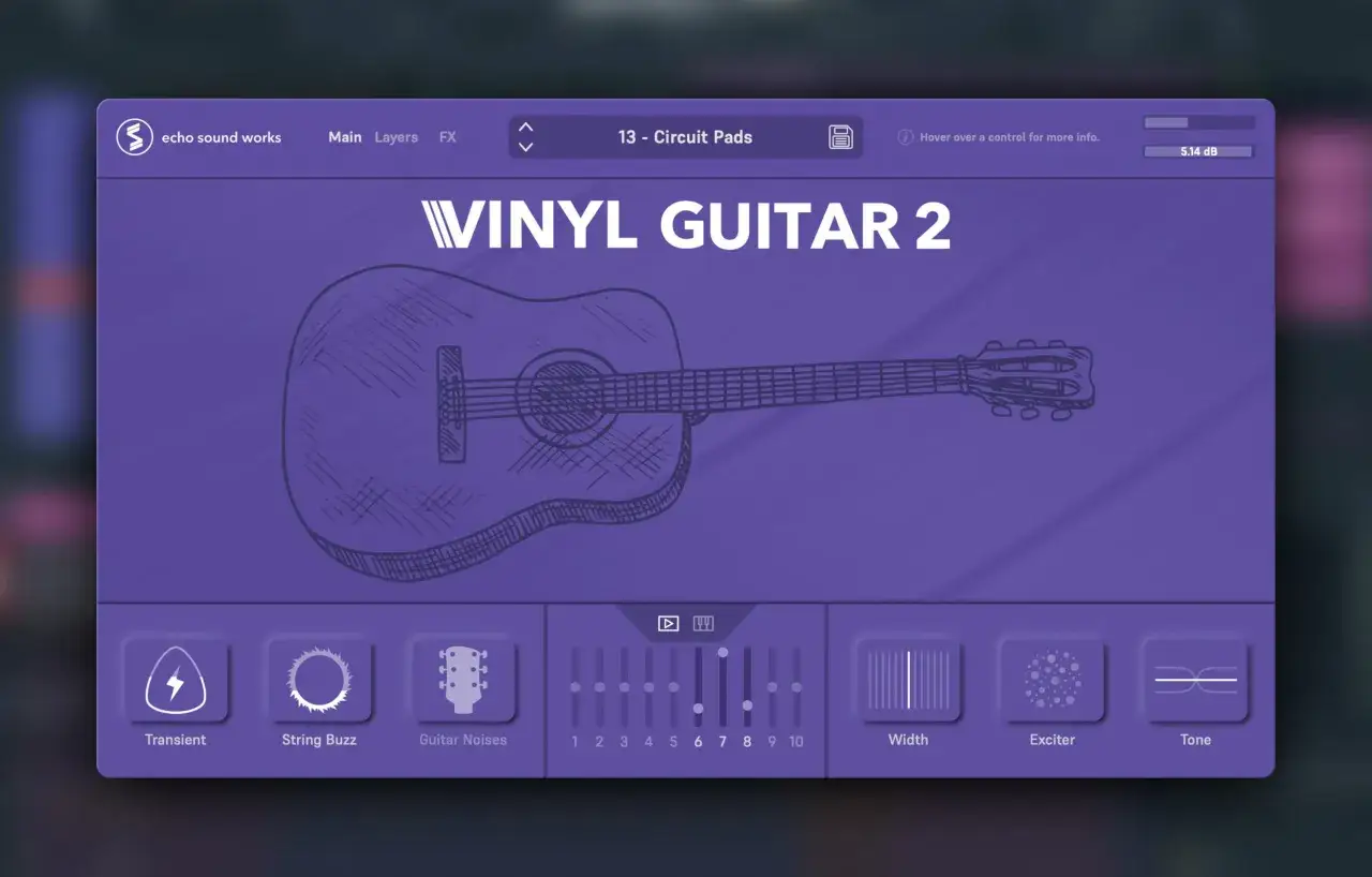 Vinyl Guitar 2, ein kostenloses Guitar VST, mit Skizze einer Akustikgitarre und Reglern für Klangformung.