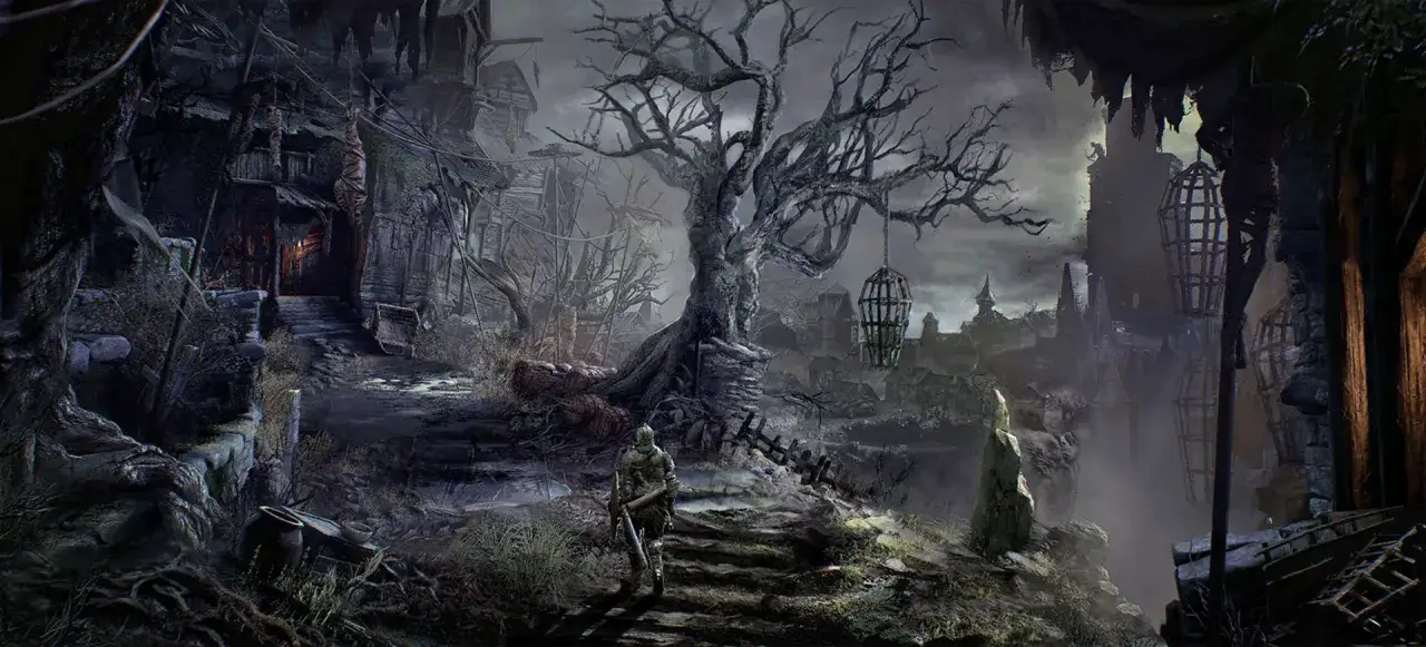 Ein einsamer Krieger durchquert eine düstere, verfallene Stadt, die an Dark Souls 4 erinnert. Hängende Käfige und unheimliche Gebäude zeugen von Schrecken.