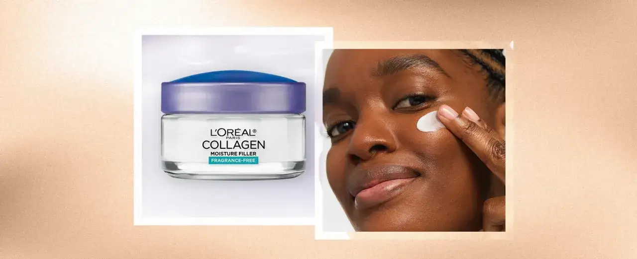 L'Or&eacute;al Collagen Moisture Filler-kr&auml;m f&ouml;r en fylligare hud. En kvinna applicerar kr&auml;men f&ouml;r en str&aring;lande kollagen hudv&aring;rd.