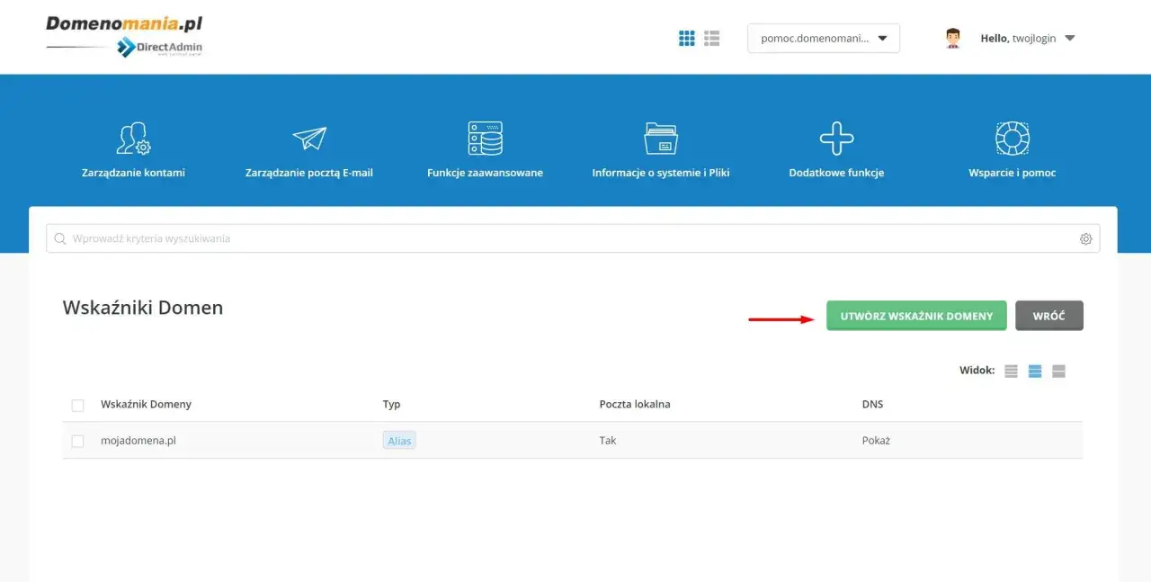 Panel DirectAdmin. Zarządzanie wskaźnikami domen, możliwość tworzenia nowych. Widoczna domena mojadomena.pl.