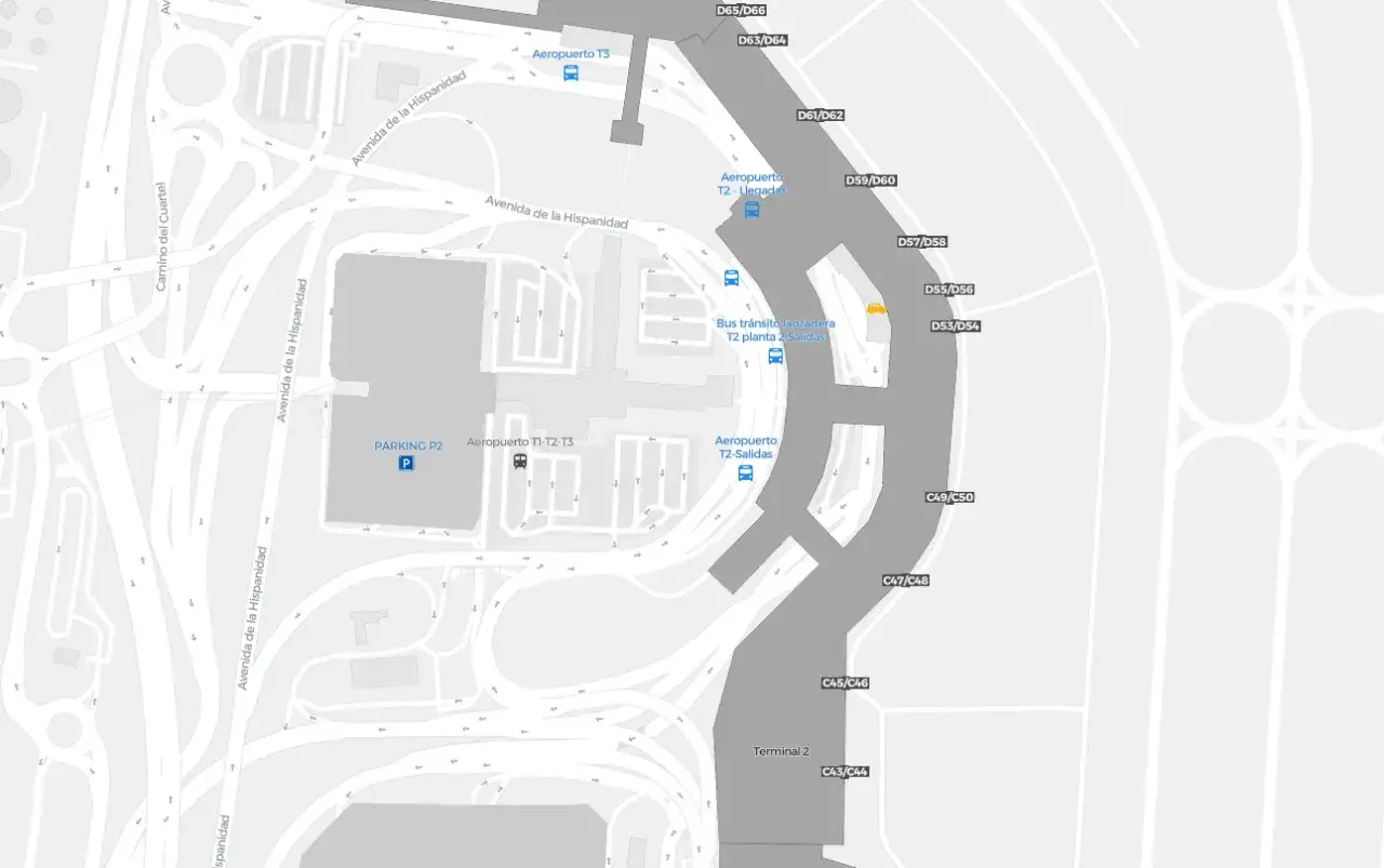 Mapa lotniska Madryt. Widoczne terminale T1-T2-T3, T2, parking P2, drogi i oznaczenia.