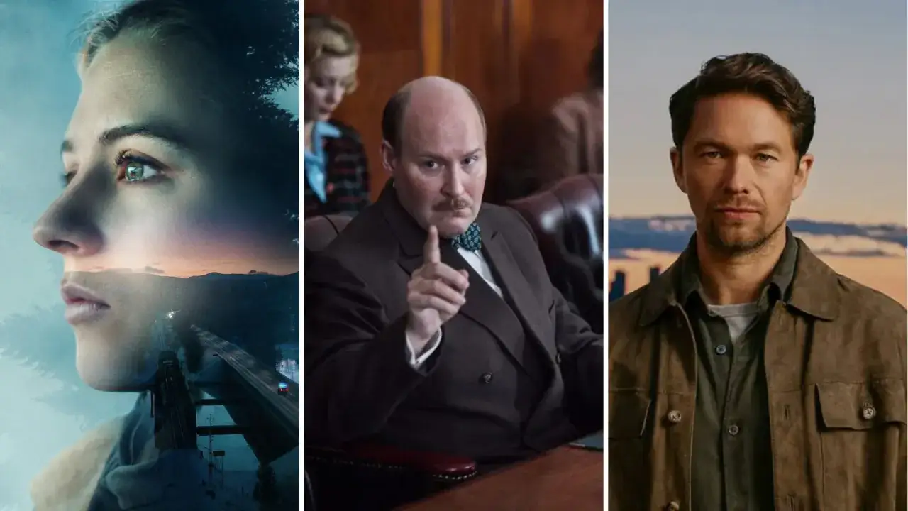Triptyk med tre scener fr&aring;n nya svenska filmer: en kvinna med dubbelexponering av landskap, en man i kostym som gestikulerar, och en man i jacka med stad i bakgrunden.