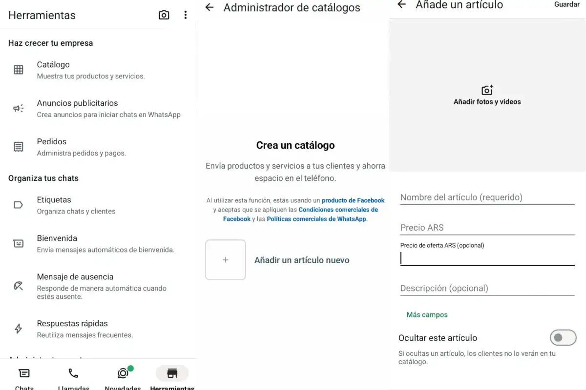Ekran aplikacji **WhatsApp Business** z opcjami tworzenia katalogu produktów. Można dodać zdjęcia, nazwy i ceny.