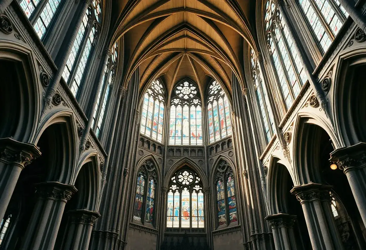 Hohe Gewölbe und Buntglasfenster in einer Kathedrale, ein Meisterwerk der Gotik Kunst.