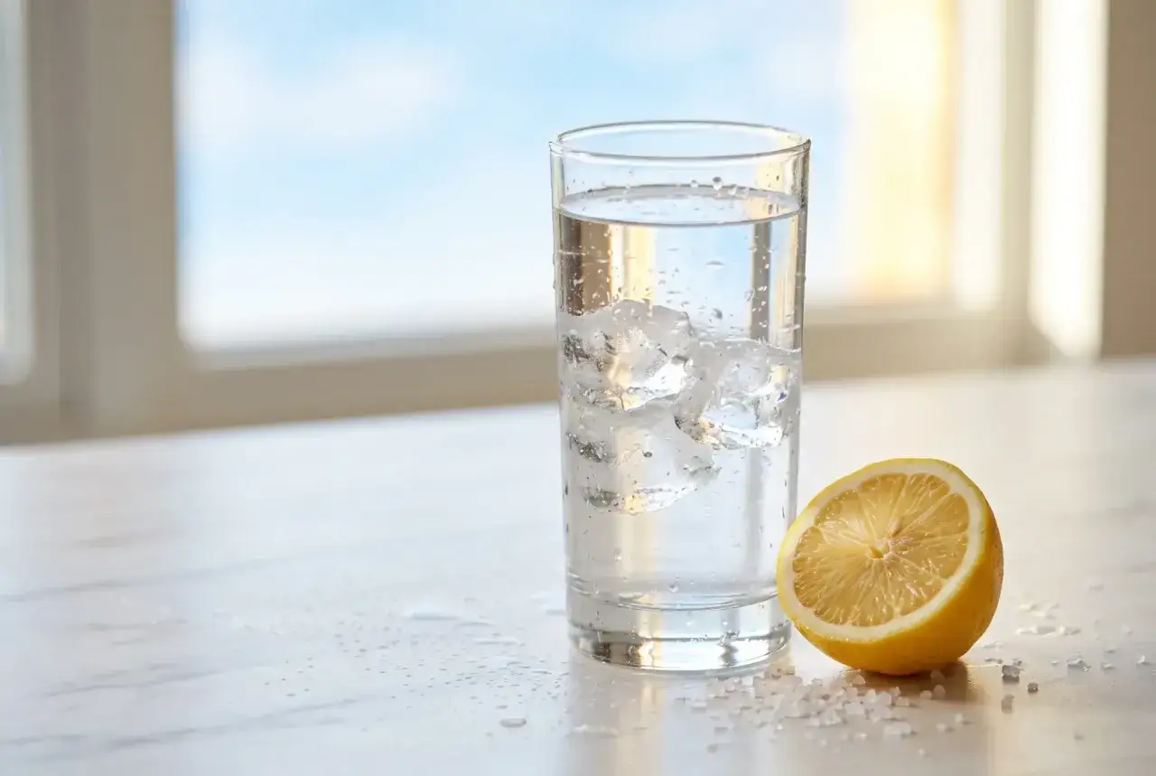 Szklanka wody z lodem i cytryną, idealna na ból głowy po alkoholu. Sól obok sugeruje nawodnienie.