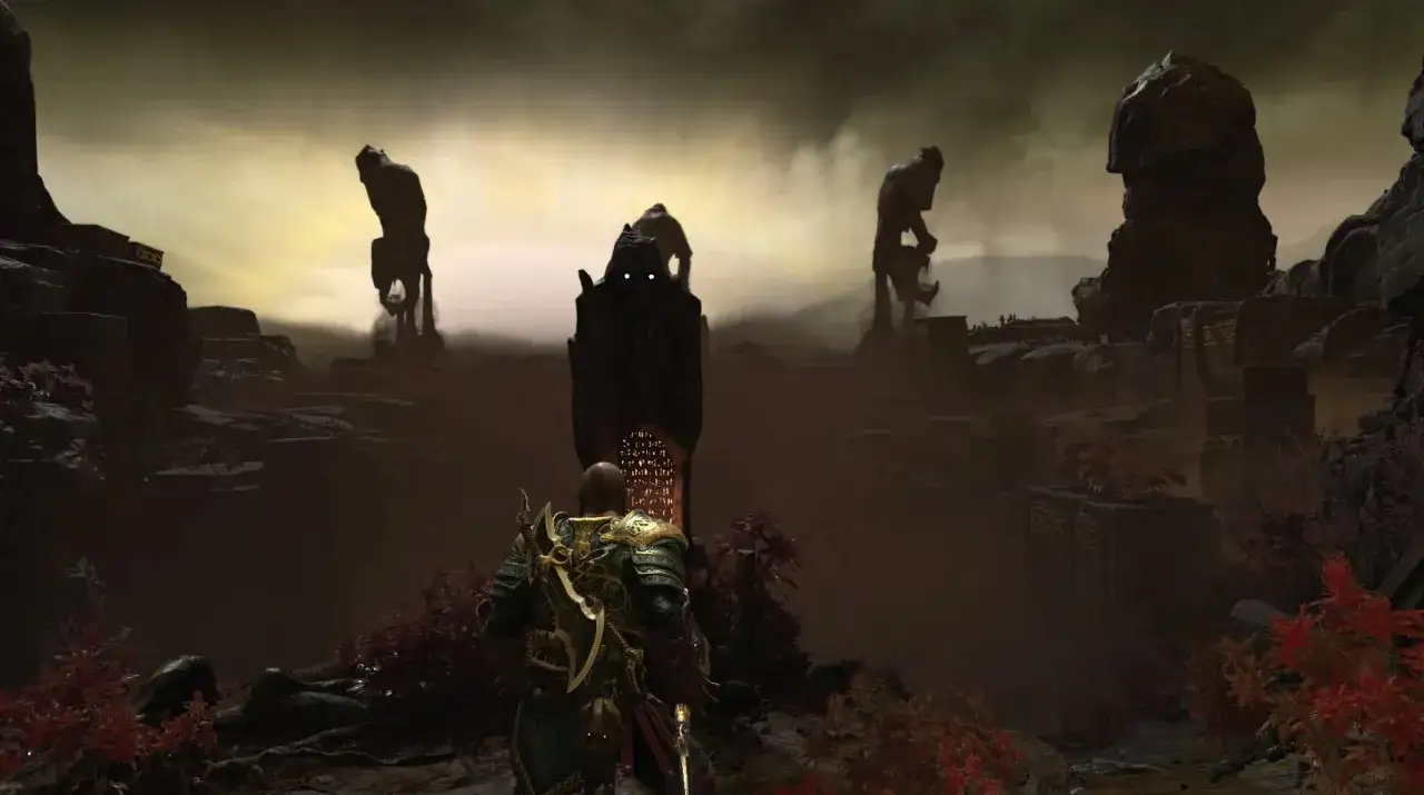 Kratos se enfrenta a un monolito con ojos brillantes, rodeado de estatuas colosales y un paisaje brumoso. El ancla de niebla de God of War se cierne en el horizonte.