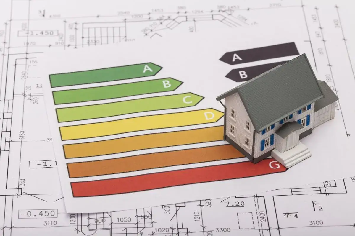 Maquette de maison ancienne sur des plans, avec un bar&egrave;me DPE. Le prix d'une maison ancienne d&eacute;pend de sa performance &eacute;nerg&eacute;tique.