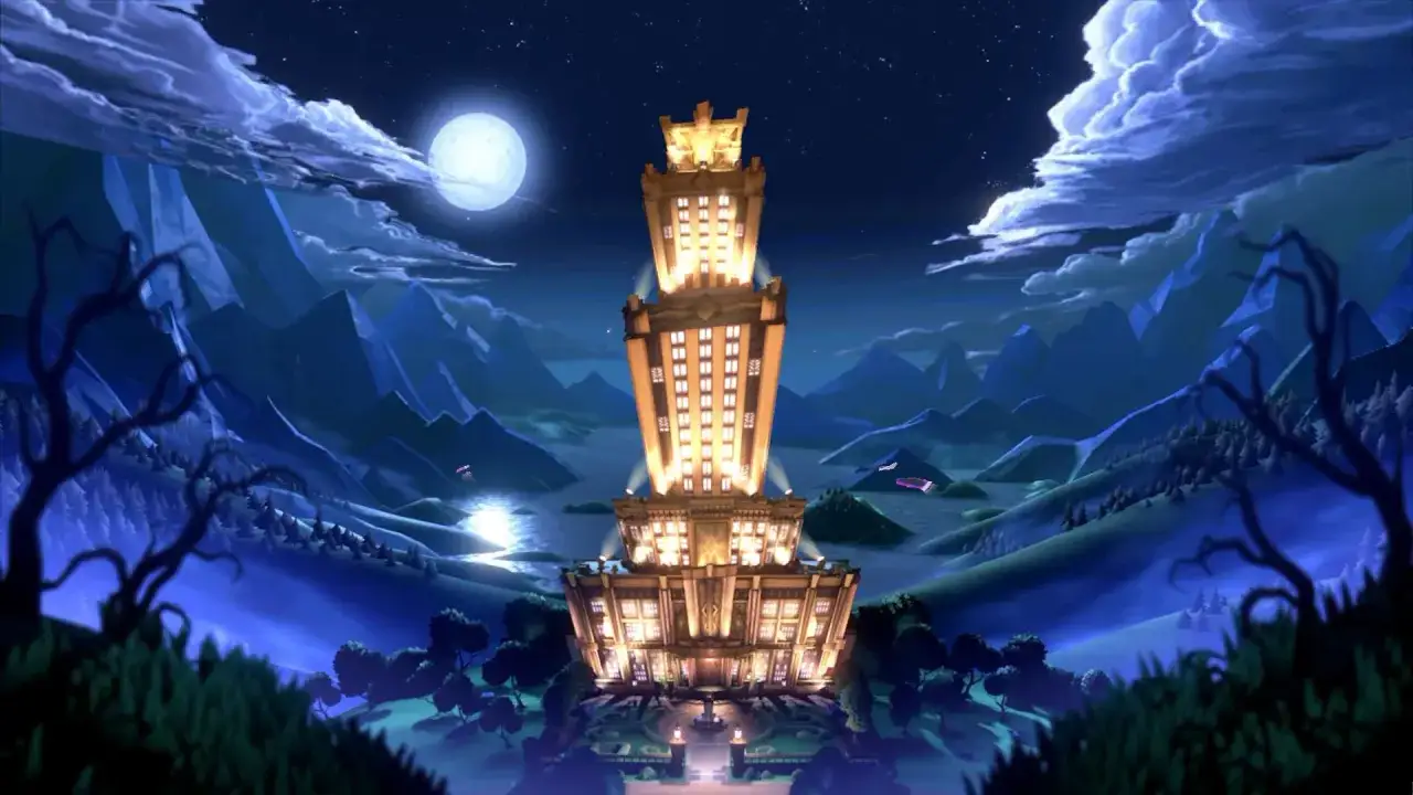 Torre maestosa illuminata nella notte, circondata da montagne e acqua. La **luigi mansion 3 soluzione** &egrave; qui!