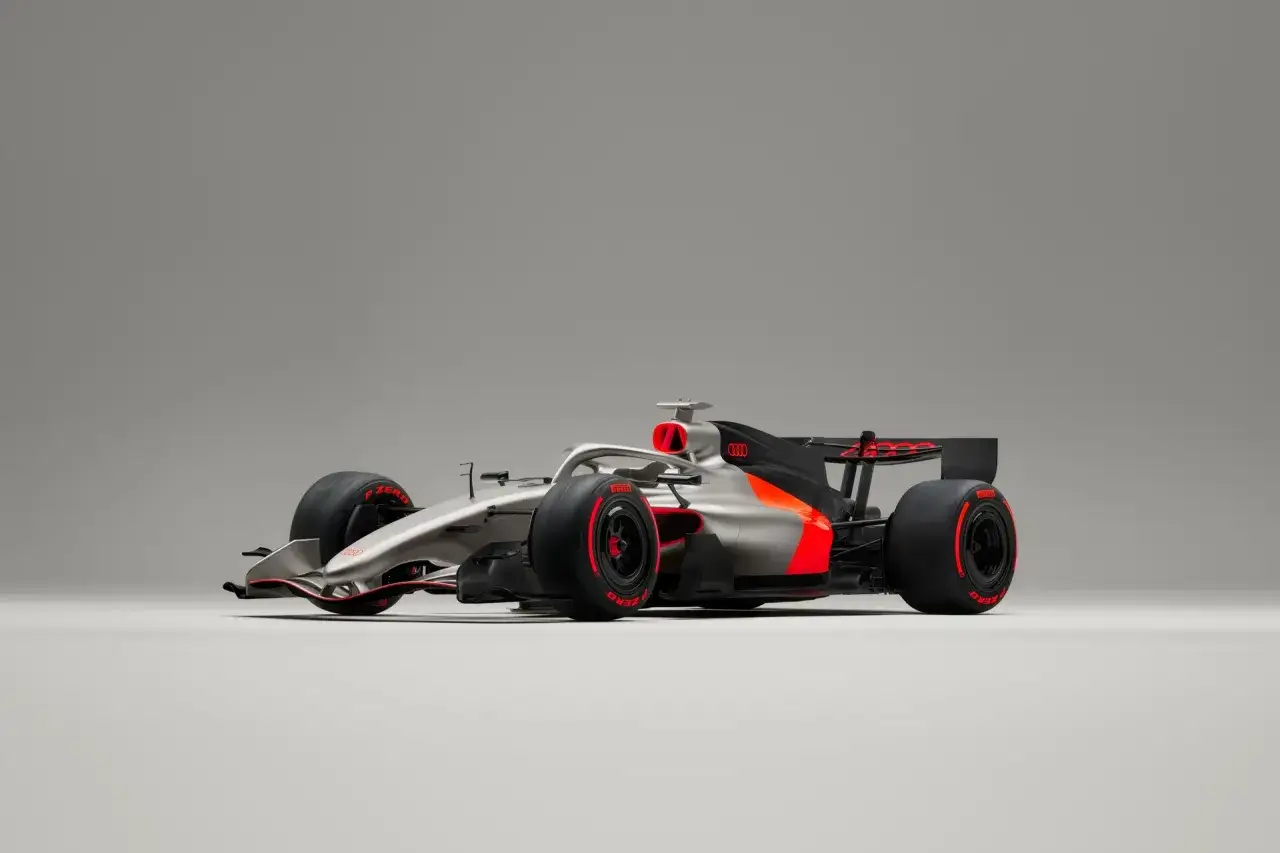 Srebrno-czarny bolid Formuły 1 z czerwonymi akcentami i logo Audi Sport. Gotowy do wyścigu.